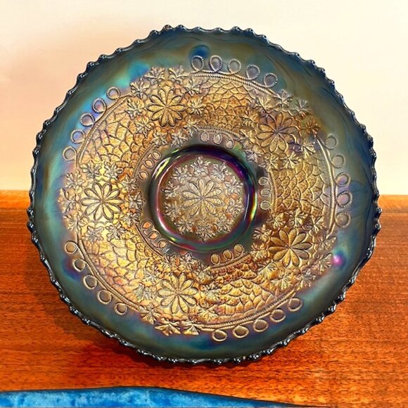 Vintage Fenton Cobalt Blue Leaf Chain Carnival Glass Bowl w/ Bearded Berry Back